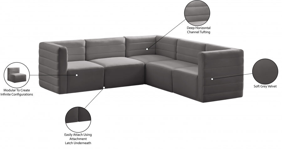 Quincy 95" Velvet Upholstered Comfort 5pc. Modular Sectional Grey