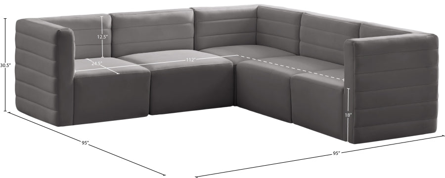 Quincy 95" Velvet Upholstered Comfort 5pc. Modular Sectional Grey