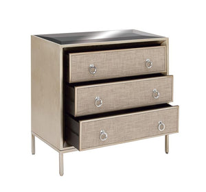 BEIGE WOOD UPHOLSTERED FRONT PANEL 3 DRAWER CHEST WITH MIRRORED TOP AND RING HANDLES, 32" X 16" X 32"
