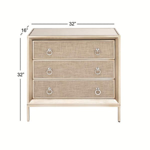 BEIGE WOOD UPHOLSTERED FRONT PANEL 3 DRAWER CHEST WITH MIRRORED TOP AND RING HANDLES, 32" X 16" X 32"