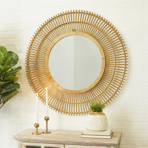 Brown Bamboo Wood Starburst Handmade Wrapped Wall Mirror