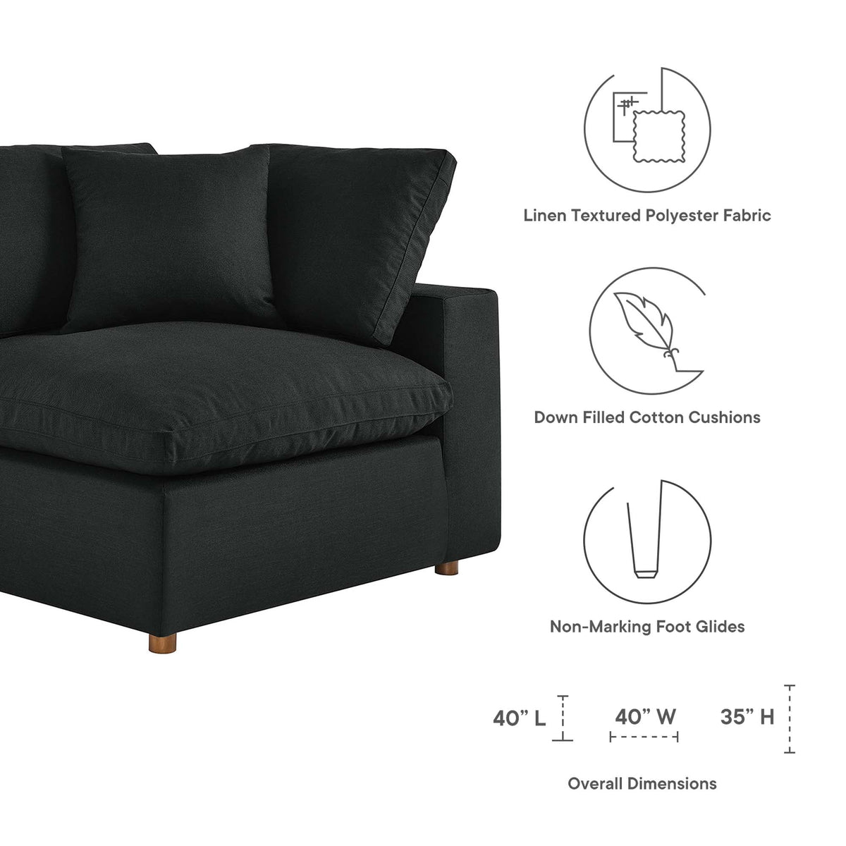 Commix 3 Piece Down Filled Overstuffed Sectional Sofa Set in Black