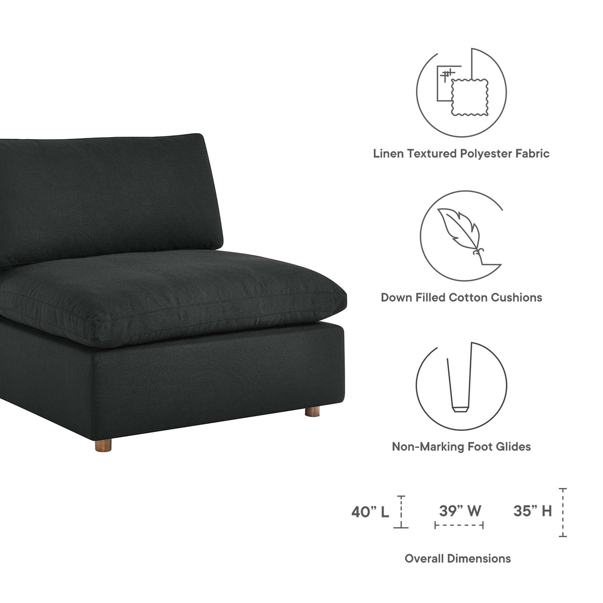 Commix 3 Piece Down Filled Overstuffed Sectional Sofa Set in Black