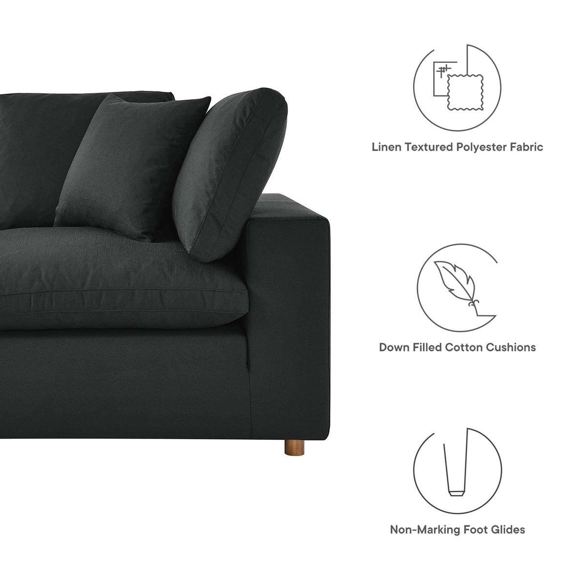 Commix 3 Piece Down Filled Overstuffed Sectional Sofa Set in Black