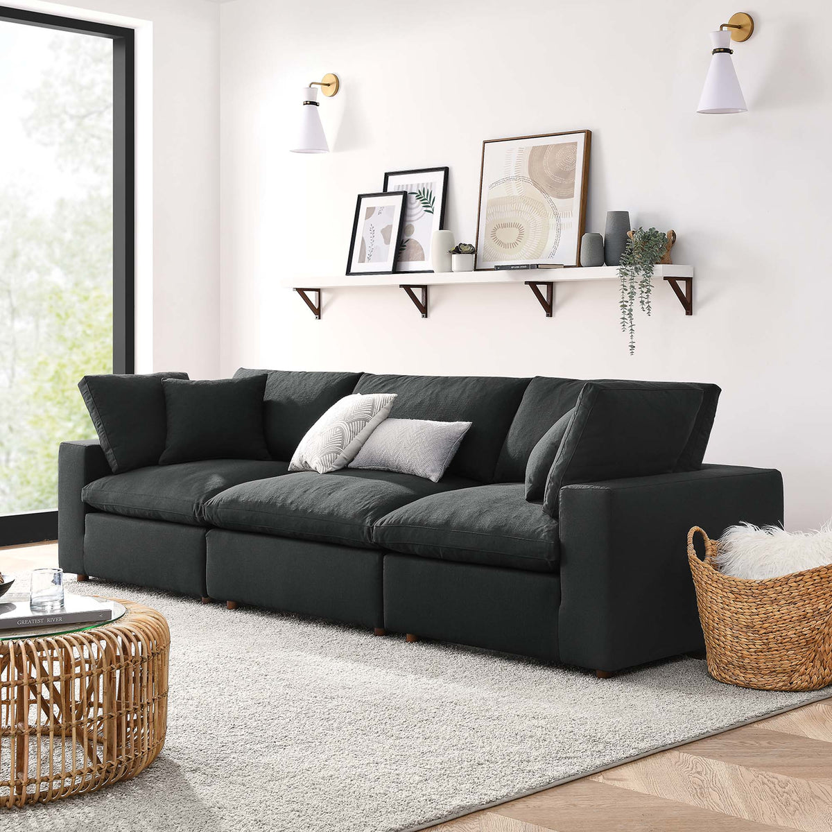 Commix 3 Piece Down Filled Overstuffed Sectional Sofa Set in Black