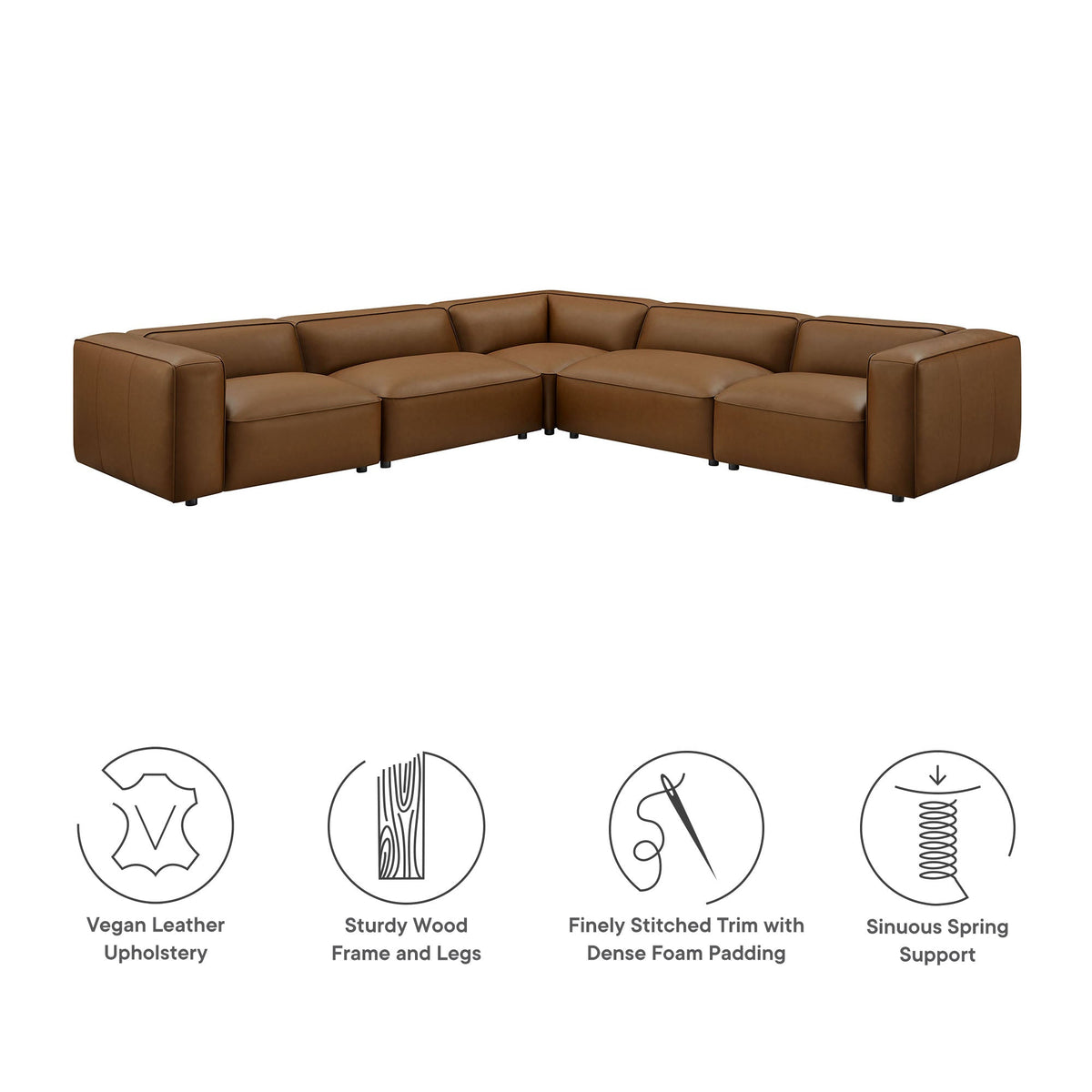 Auren 5-Piece Upholstered Vegan Leather Modular L-Shaped Sofa in Coffee