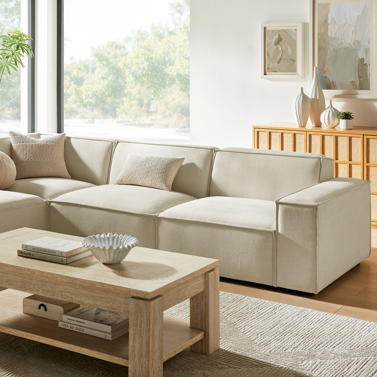 Restore 4-Piece Performance Fabric Upholstered Modular L-Shaped Sofa in Ecru