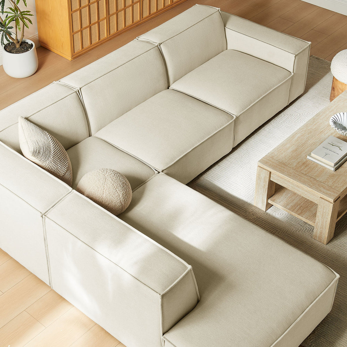 Restore 4-Piece Performance Fabric Upholstered Modular L-Shaped Sofa in Ecru