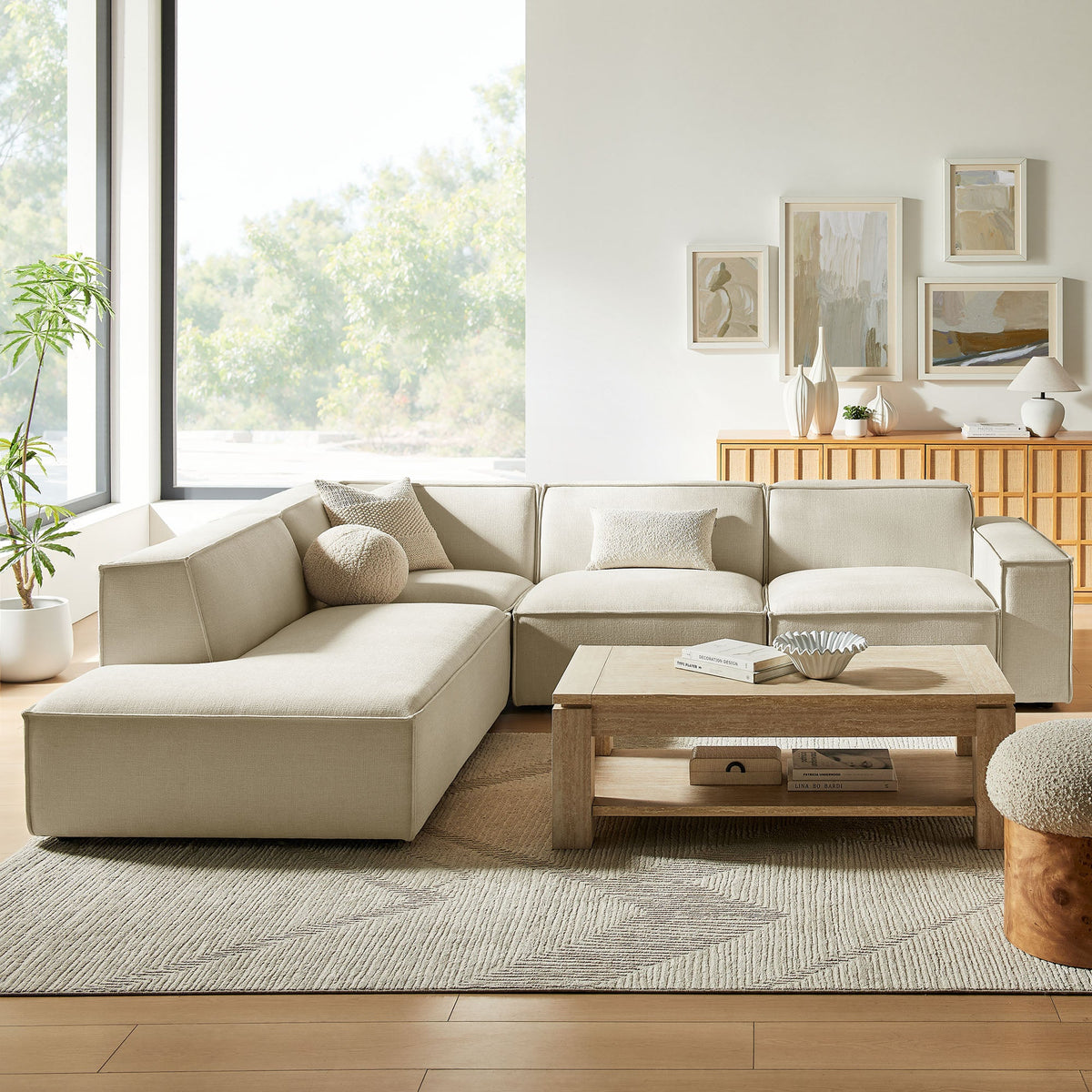 Restore 4-Piece Performance Fabric Upholstered Modular L-Shaped Sofa in Ecru