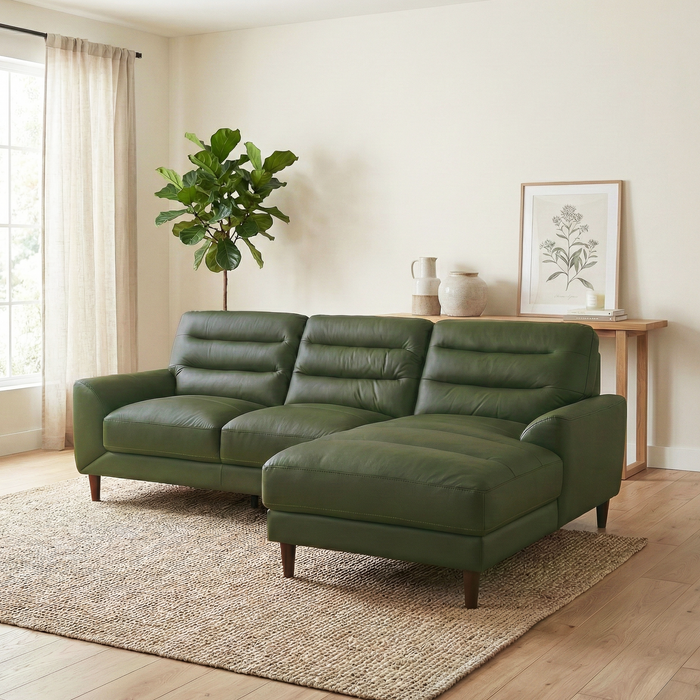 Clarion Genuine Green Leather Sectional Sofa with Chaise Lounge