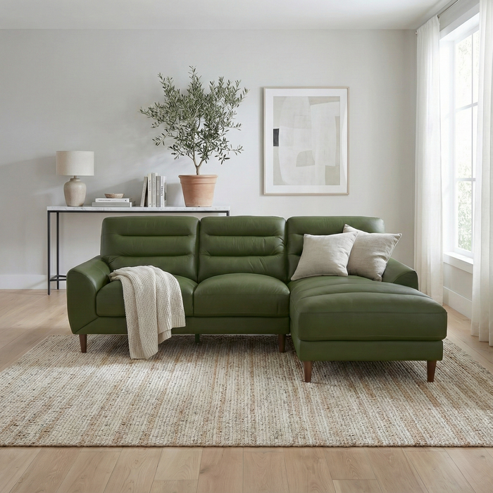 Clarion Genuine Green Leather Sectional Sofa with Chaise Lounge
