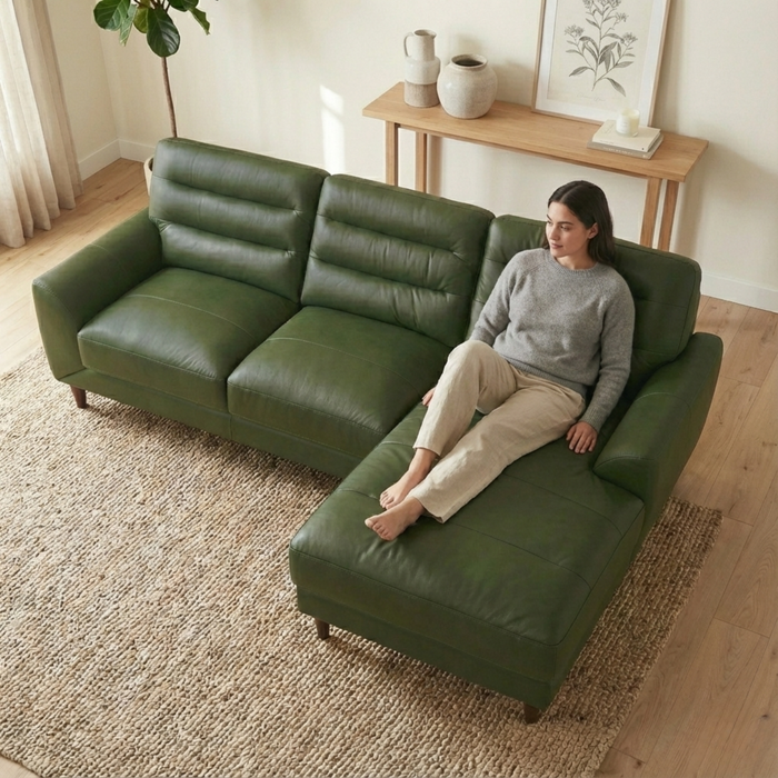 Clarion Genuine Green Leather Sectional Sofa with Chaise Lounge