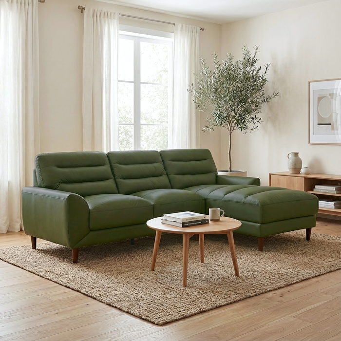 Clarion Genuine Green Leather Sectional Sofa with Chaise Lounge